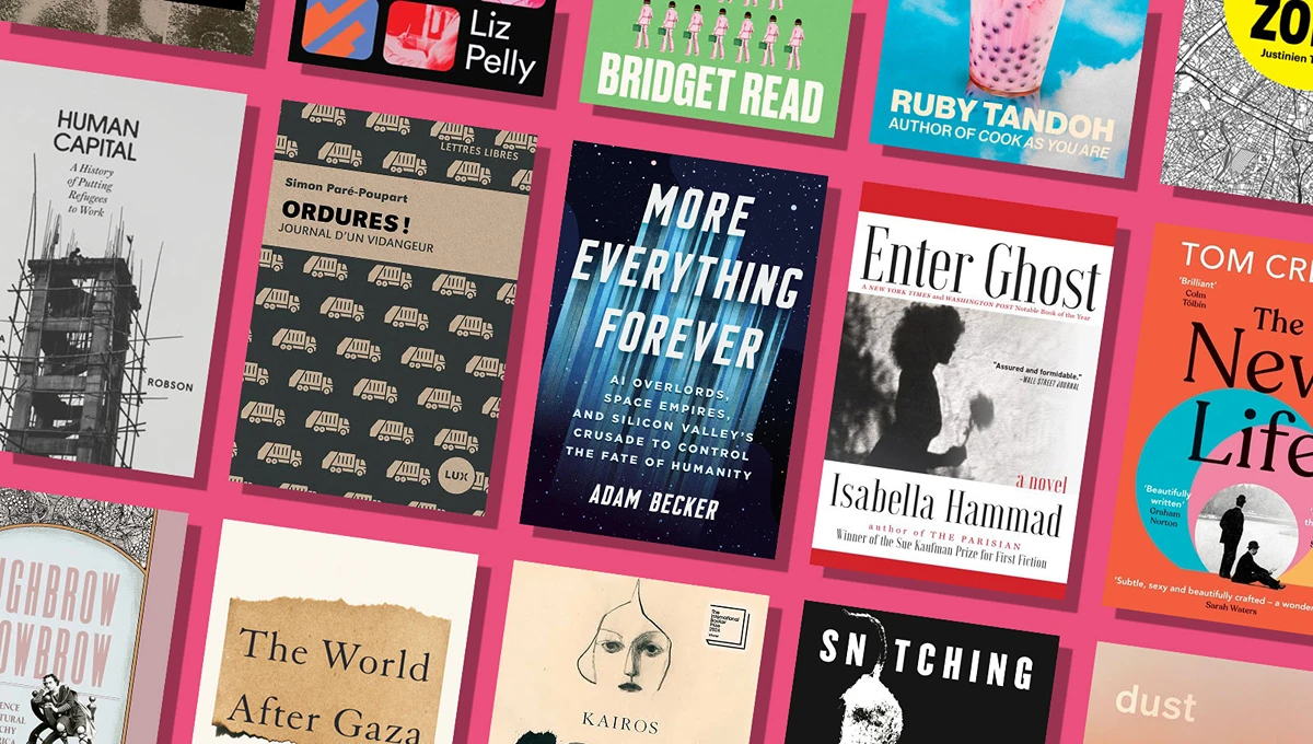 Grid of book covers tilted at a jaunty angle against a hot pink background. Details about the books are in the article that follows.
